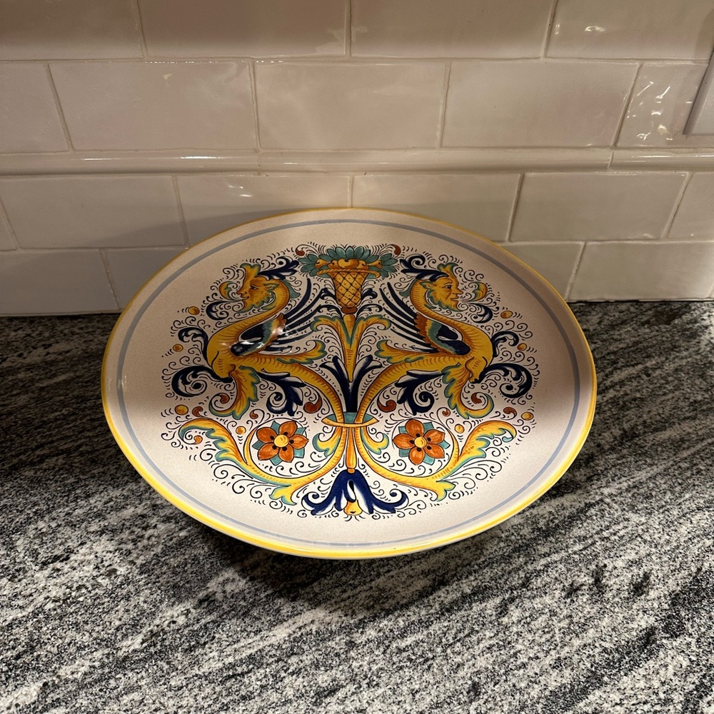 Raffaellesco Deruta Pottery Cake Pedestal/Plate Hand-Painted Italian Art 13inch